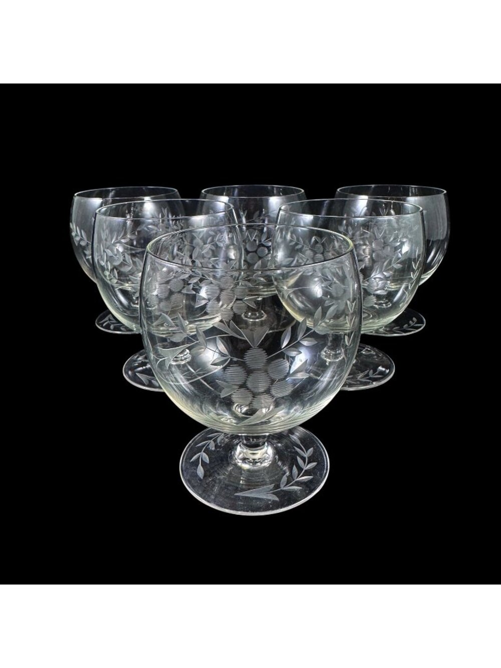 Set of 6 Floral Etched Glasses Brandy Cognac Footed Snifter Vintage 1960s